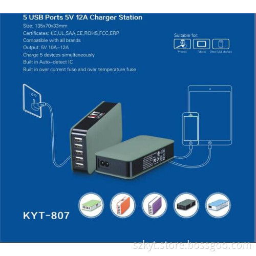 New Arrival Portable KC SAA Certified 5 Ports USB Charger 50W 5V 10A for iPhone 4 5 6 KYT-807